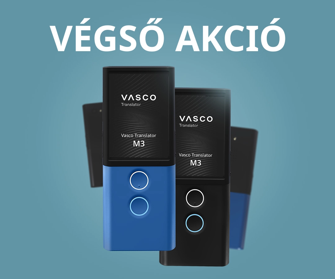 A Vasco Translator M3 készülékek promóciós képe kék és fekete színben, kék háttérrel, a „FINAL SALE” felirattal.